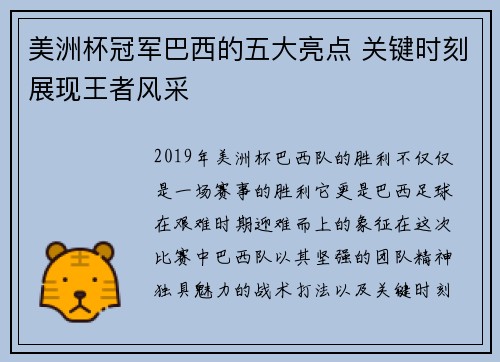 美洲杯冠军巴西的五大亮点 关键时刻展现王者风采