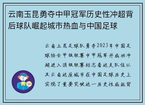 云南玉昆勇夺中甲冠军历史性冲超背后球队崛起城市热血与中国足球 云南玉昆勇夺中甲冠军历史性冲超背后球队崛起城市热血与中国足球